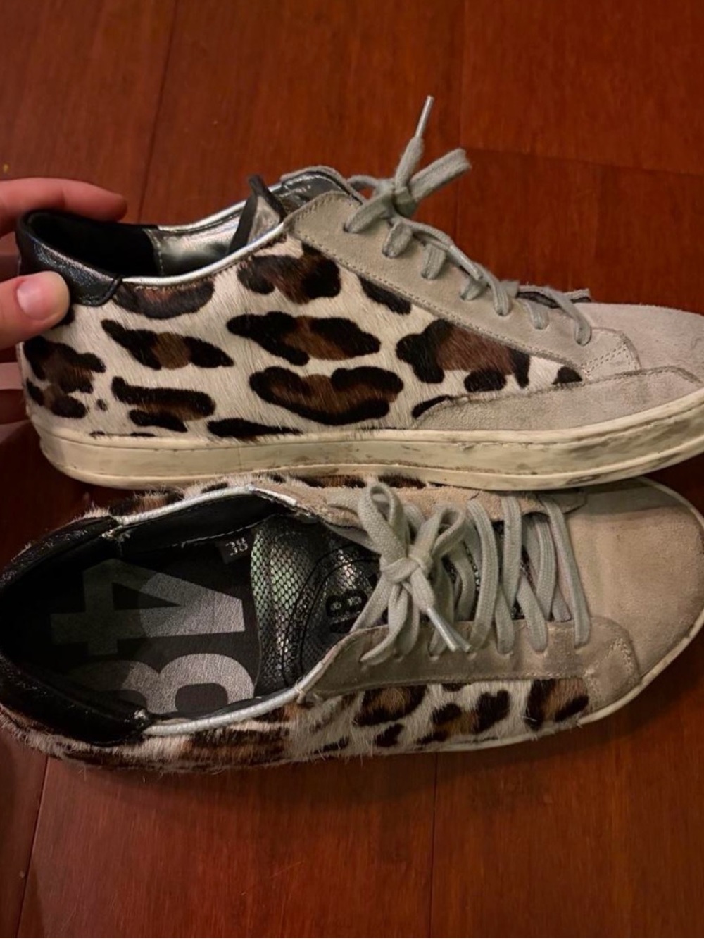 P448 Women's Low-Top Cow Hair Leopard Sneakers in White, Black, Brown